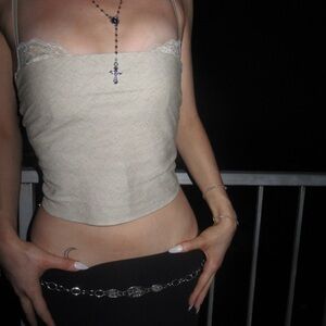 white fox cream lace trim cami top